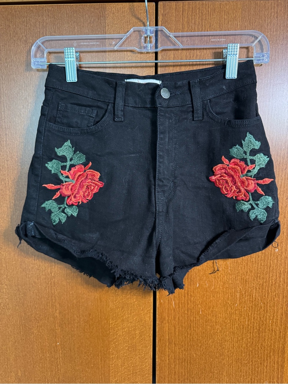 Black Denim Jean Shorts with Red Rose Embroidery